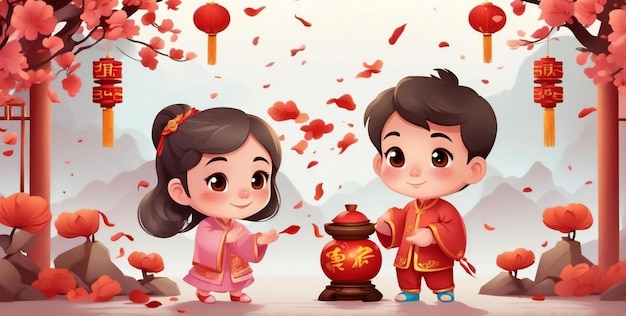 Fond 3D de garçons et de filles célébrant l'anniversaire chinois
