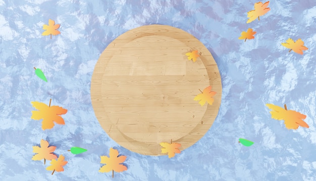Fond 3d rendant les feuilles tombantes brunes sur un podium en bois au milieu de l'automne de l'eau