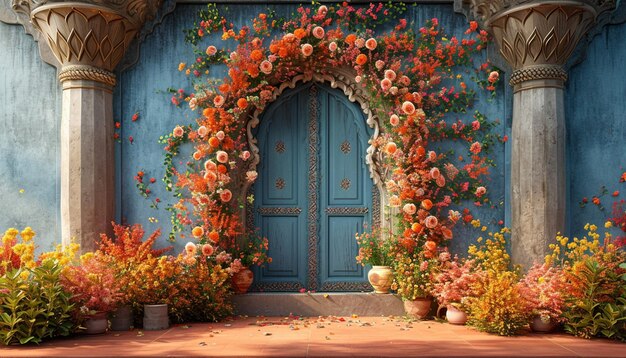 un fond 3D représentant une porte traditionnelle ornée d'une arche florale pour Nowruz
