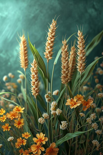 Photo un fond 3d représentant des pousses de blé sabzeh entrelacées avec des guirlandes de fleurs de printemps