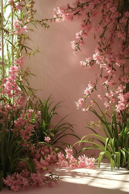 Photo un fond 3d représentant des pousses de blé sabzeh entrelacées avec des guirlandes de fleurs de printemps