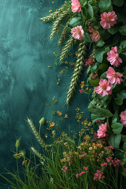 Photo un fond 3d représentant des pousses de blé sabzeh entrelacées avec des guirlandes de fleurs de printemps