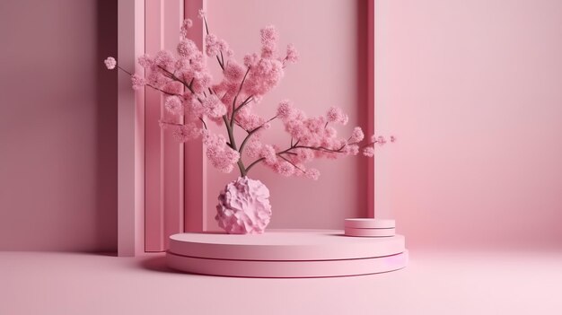 Fond 3D rose podium affichage Sakura fleur rose branche d'arbre avec cadre générative Ai