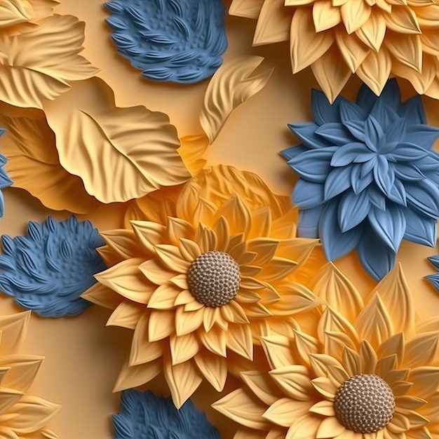 Fond 3d de tournesols avec des feuilles motif vintage AI généré