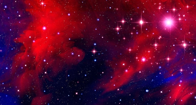 Fond abstrait d'astronomie avec la nébuleuse rouge et les étoiles brillantes