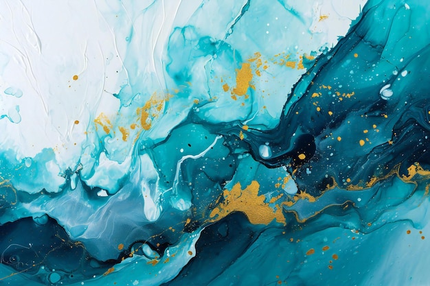 Fond abstrait bleu et doré peinture acrylique à texture liquide sur toile