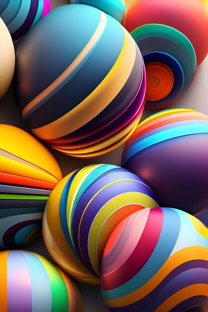 Fond abstrait de boules colorées de différentes formes et rayons de lumière