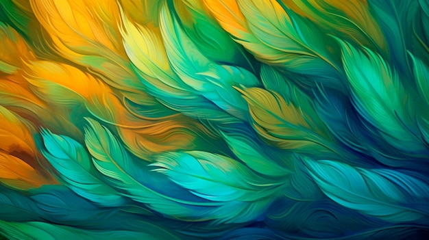 Fond abstrait avec dégradés de motifs de plumes et peinture numérique de texture dans les couleurs bleu vert et or Illustrateur AI génératif