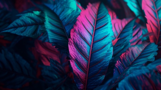 Fond abstrait avec des feuilles tropicales en magenta et azur Generative AI