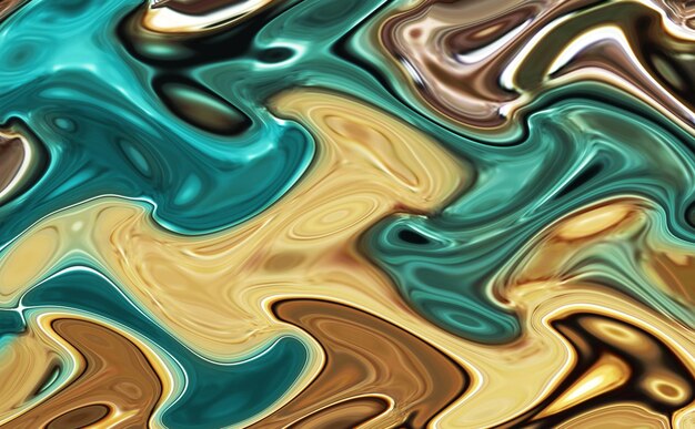 Fond abstrait de nuances mélangées de peinture avec un motif en marbre Fond de peinture colorée liquide bronze brun créatif avec vert émeraude chatoyant et bleu aigue-marine