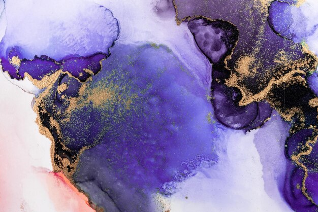 Fond abstrait or violet de peinture d'art à l'encre liquide en marbre sur papier