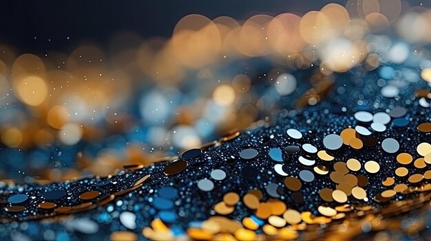 Photo fond abstrait avec des paillettes colorées bleues et dorées