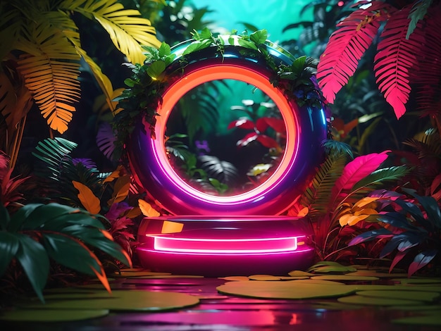 un fond abstrait vibrant qui fusionne des éléments d'une jungle avec des teintes électriques et néon