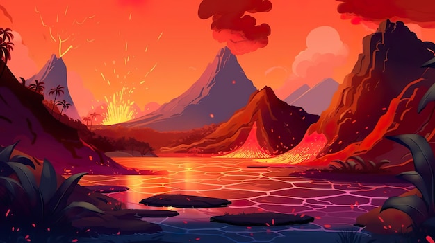 Fond abstrait volcans de feu et lave Une conception de bannière enflammée avec une illustration de volcans en éruption et de lave qui coule sur un fond captivant AI générative