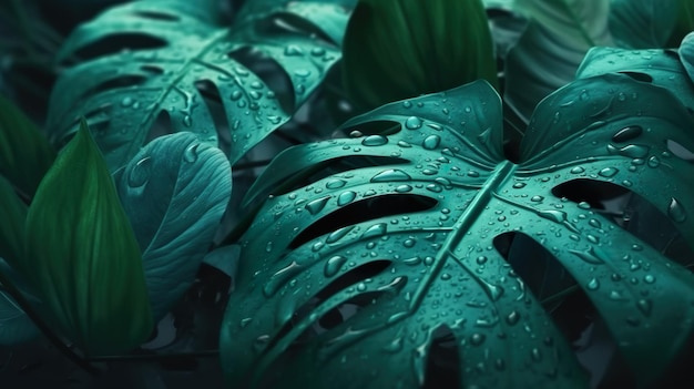 Fond abstrait avec vue rapprochée sur les feuilles vertes de monstera et les plantes en gouttes Fond d'écran botanique d'été avec feuillage de jungle humide Illustration horizontale pour la conception de bannière AI générative