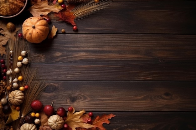 Un fond d'action de grâces avec des citrouilles et des feuilles sur une table en bois