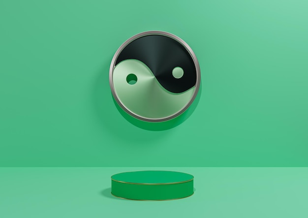 Fond d'affichage de produit 3D turquoise minimal métallique Yin et yang symbole podium ligne dorée