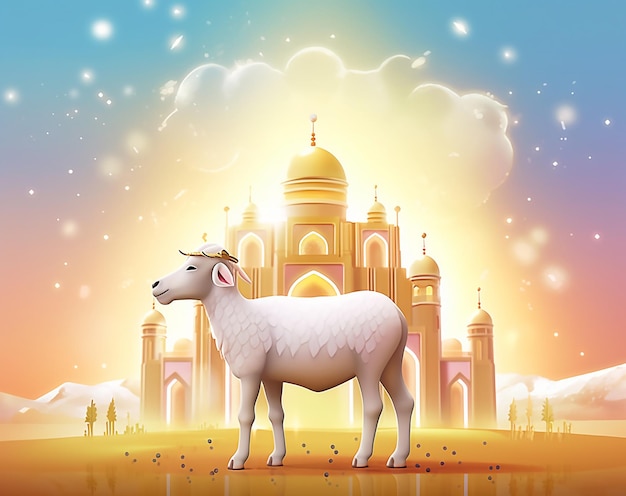 Fond de l'Aïd Al Adha avec illustration d'ornement de moutons et de mosquée