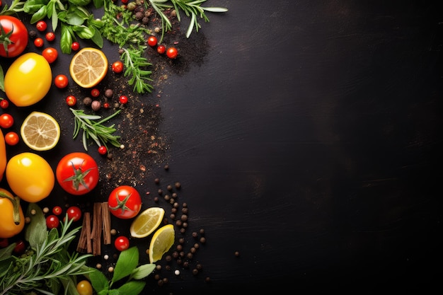 Fond alimentaire Vue de dessus des tomates à l'huile d'olive, des herbes et des épices sur une ardoise noire rustique