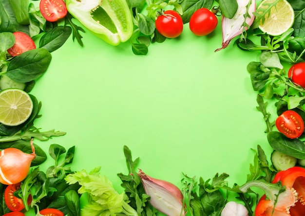 Fond d'aliments sains avec diverses herbes et légumes verts Ingrédients pour la cuisson de la salade Concept de nourriture végétarienne et végétalienne Vue de dessus cadre vert avec espace de copie