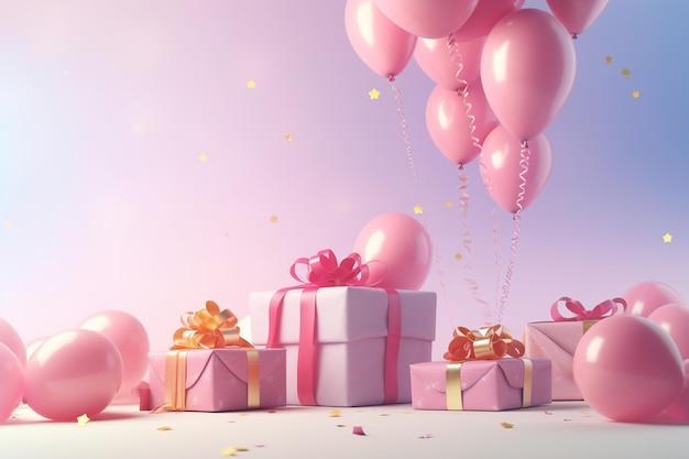 Fond d'anniversaire avec des ballons et des cadeaux