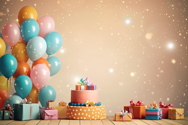 Fond d'anniversaire avec présent coffrets cadeaux gâteau et célébration de ballons avec espace de copie