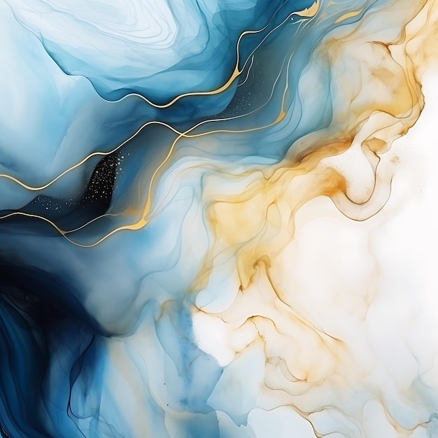 Fond aquarelle abstrait mélange de couleurs dégradé marbre comme flux d'or bleu blanc coloré mélangé