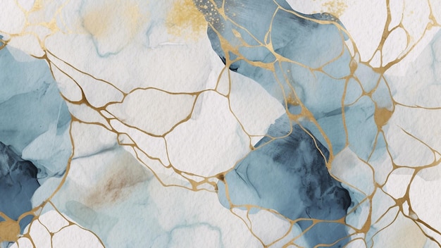 Fond aquarelle abstrait texture marbre bleu sur papier avec dessin au trait or