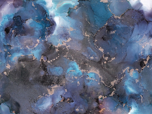 Fond aquarelle bleu et noir avec flux de liquide éclaboussures d'encre alcool couleur eau paillettes d'or