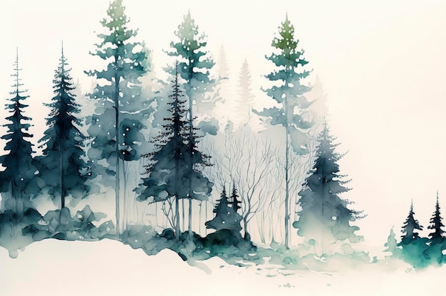 Fond aquarelle dessiné paysage de forêt brumeuse Nature sauvage taïga brumeuse gelée Créé avec la technologie Generative AI