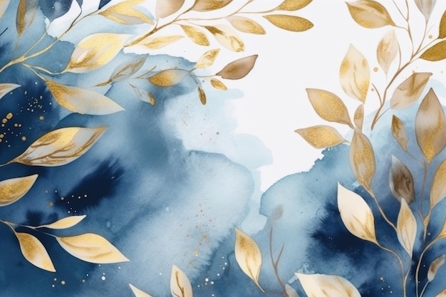Un fond aquarelle avec des feuilles d'or et un fond bleu.