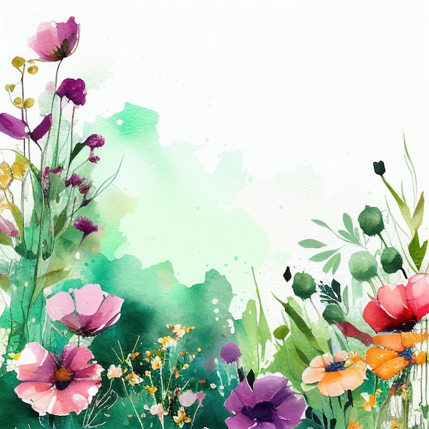 Fond aquarelle avec des fleurs de saison d'été à la frontière par Generative AI