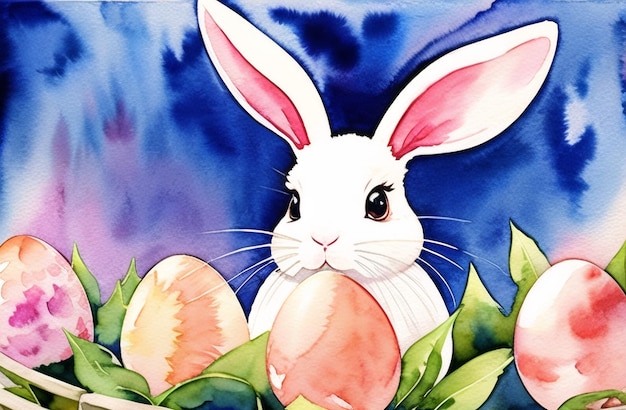 Fond aquarelle Lapin de Pâques Oeufs Nature Joyeuses Pâques Vacances Célébration AI Généré