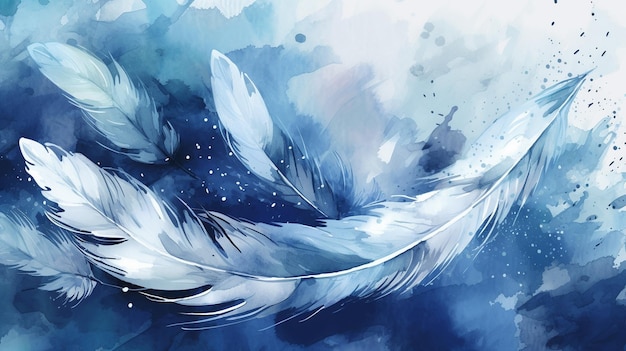 Fond aquarelle avec des plumes bleues et blanches illustration dessinée à la main ai générative