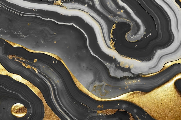 Fond d'art abstrait avec une texture fluide en marbre noir et or Splendide illustration 3D oeuvre abstraite de luxe dans la technique de l'encre à l'alcool Motif de tourbillon de vague dorée brillante sur fond noir