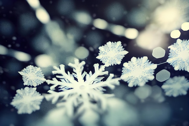 Photo fond d'art numérique abstrait d'hiver avec des flocons de neige blancs bokeh rendu 3d illustration raster