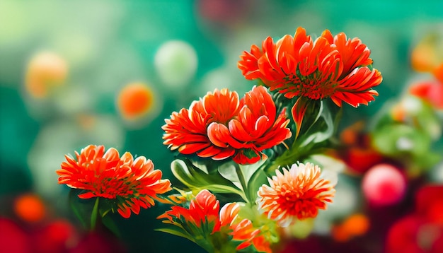 Fond d'art numérique floral frais avec des fleurs de chrysanthème dans un feuillage vibrant rouge et orange