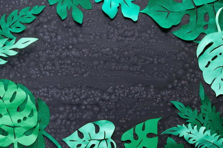 Photo fond d'artisanat en papier, cadre avec des feuilles tropicales exotiques avec espace de texte sur dark