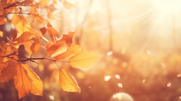 Fond automnal avec des feuilles jaunes et la lumière du soleil