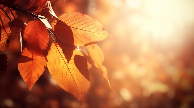 Fond automnal avec des feuilles jaunes et la lumière du soleil