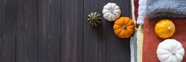 Fond D'automne Aux Couleurs Chaudes Avec Une Variété De Pulls En Laine Et De Citrouilles. Bannière