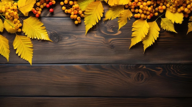 Fond d'automne avec des baies de rowan et des feuilles jaunes sur une table en bois Place pour le texte