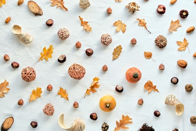 Fond d'automne blanc orange, brun. Motif diagonal géométrique abstrait avec des citrouilles, des glands, des noix, des feuilles d'automne et des boules d'acacia. Vue de dessus sur textile blanc.