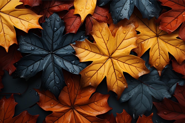 Fond d'automne avec des feuilles et des baies sur un fond en bois noir