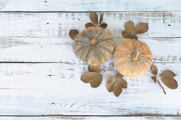 Fond d'automne de feuilles mortes et de fruits de citrouilles sur table en bois.