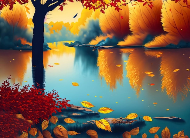 Fond d'automne avec des feuilles rouges colorées sur fond bleu