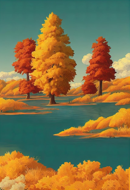 Fond d'automne Lac ou rivière avec des buissons et des arbres oranges Illustration 3d de branches d'arbres colorées