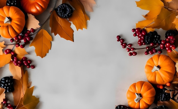 Fond d'automne. Mise à plat avec des citrouilles, des feuilles mortes et des fruits sur une table en bois. Action de grâces