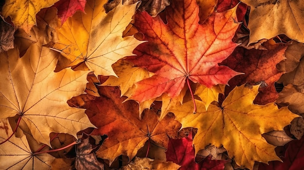 Fond d'automne orange avec des feuilles d'érable dorées tombées Generative AI