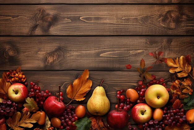 Fond d'automne avec des pommes, des poires et des feuilles sur une table en bois